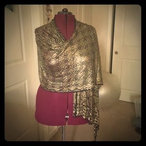 Assuit Gold Shawl - Black Lace woven w Actual gold ribbon